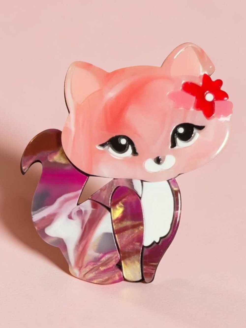 Kawaii Style Cat Brooch Large Pink Acrylic Marbled Tail Cute 3"